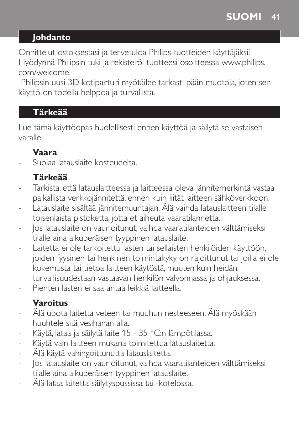 Vaara, Tärkeää, Varoitus | Suomi, Johdanto | Philips HAIRCLIPPER Series 1000 Cortapelos User Manual | Page 41 / 94