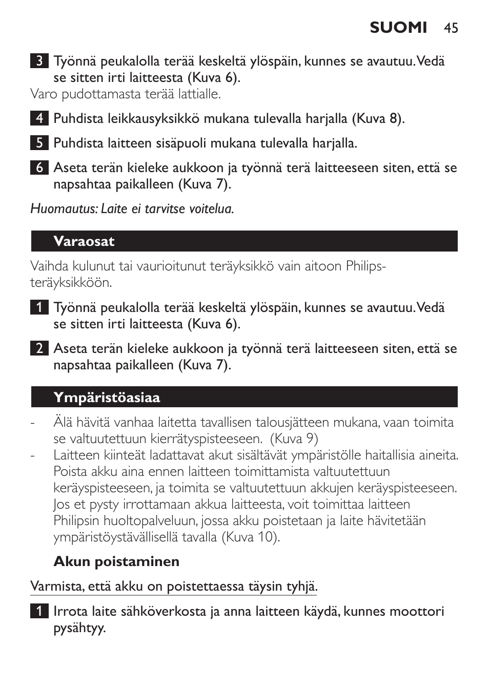 Akun poistaminen, Varaosat, Ympäristöasiaa | Philips HAIRCLIPPER Series 1000 Cortapelos User Manual | Page 45 / 94