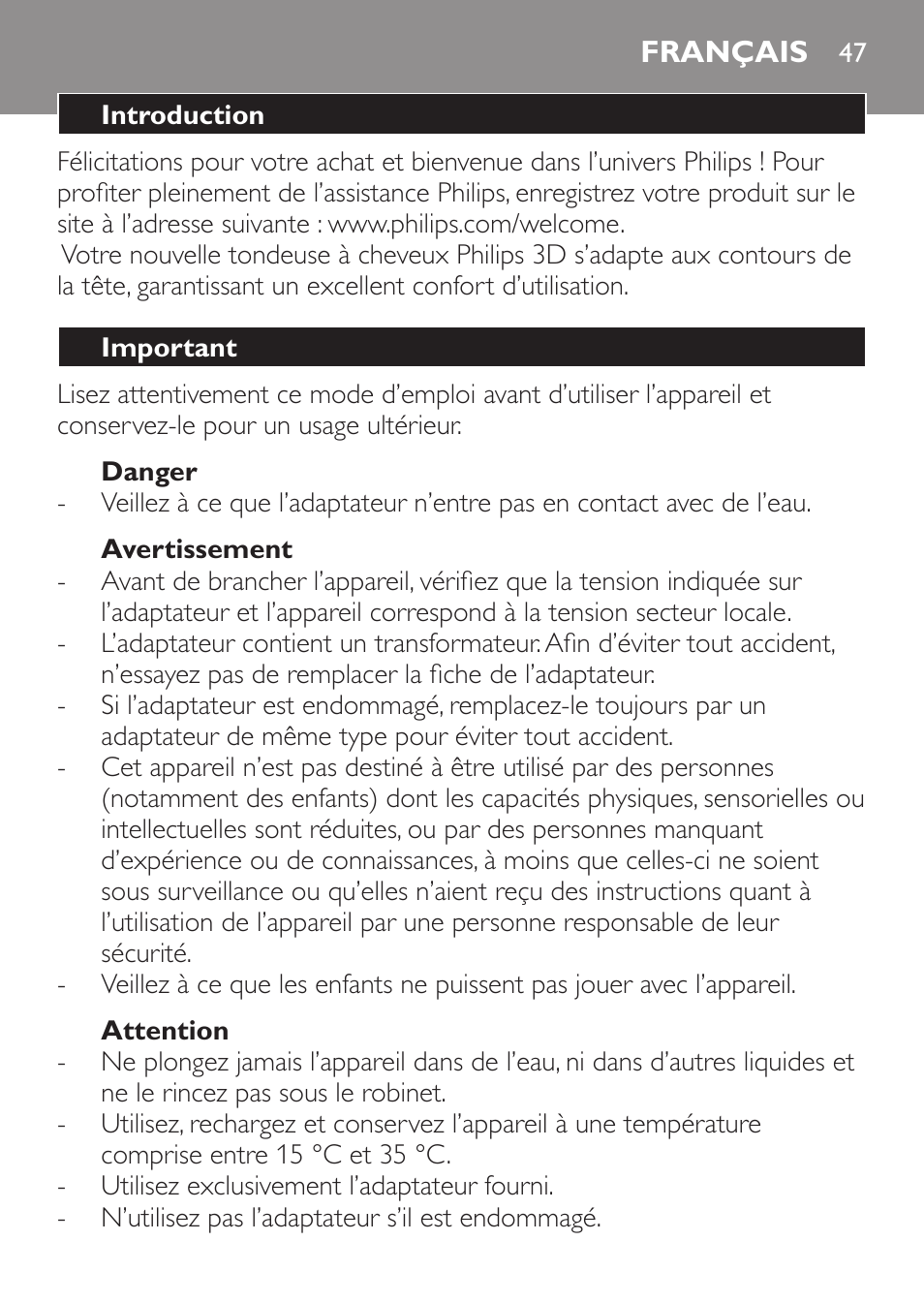 Danger, Avertissement, Attention | Français, Introduction, Important | Philips HAIRCLIPPER Series 1000 Cortapelos User Manual | Page 47 / 94