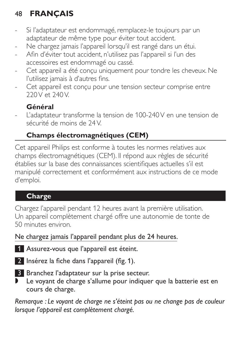 Général, Champs électromagnétiques (cem), Charge | Philips HAIRCLIPPER Series 1000 Cortapelos User Manual | Page 48 / 94