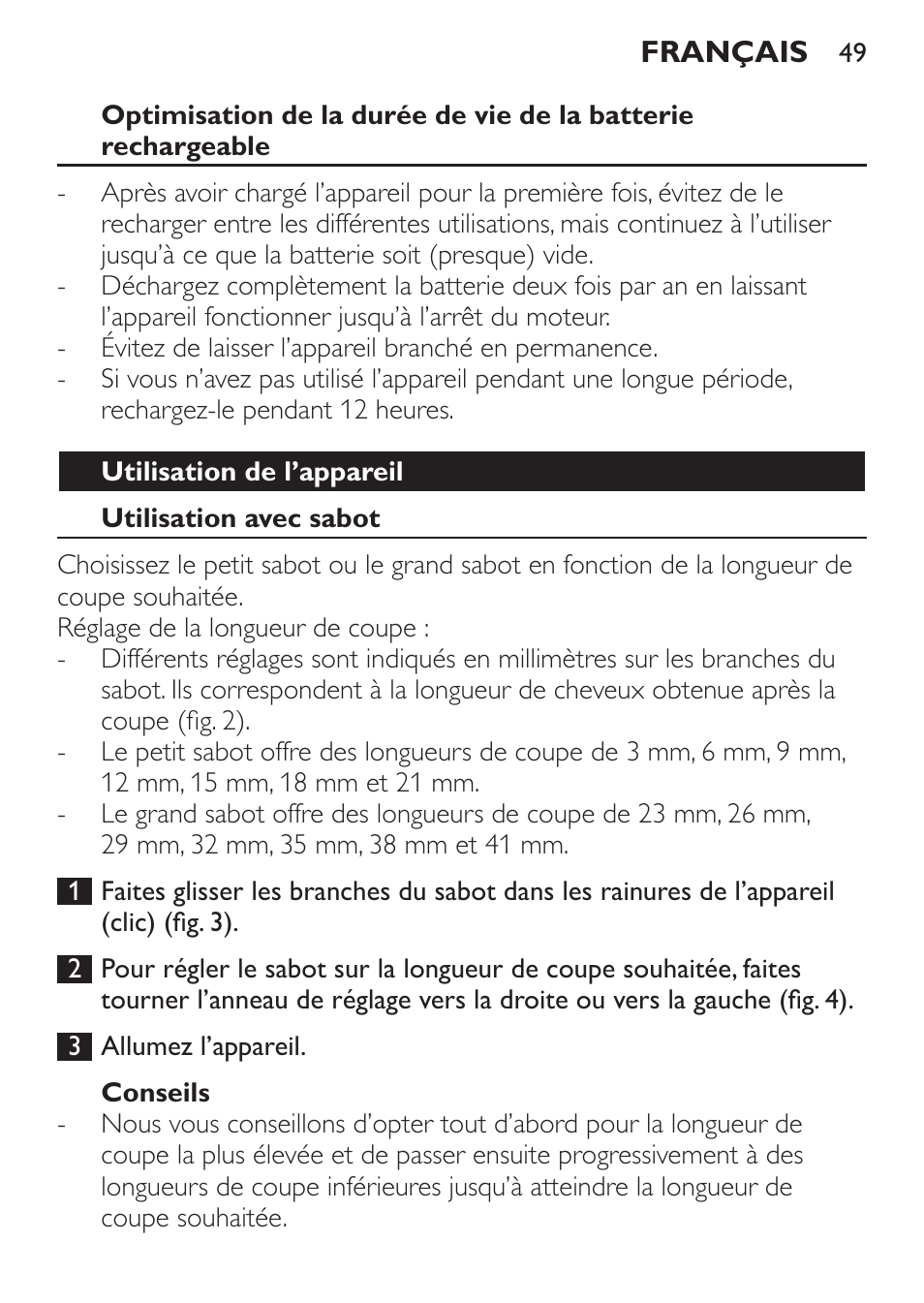 Utilisation de l’appareil, Utilisation avec sabot, Conseils | Philips HAIRCLIPPER Series 1000 Cortapelos User Manual | Page 49 / 94