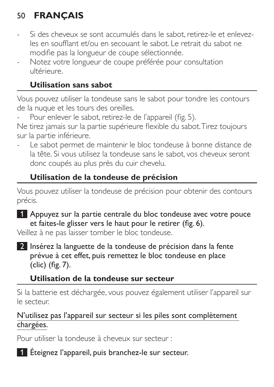 Utilisation sans sabot, Utilisation de la tondeuse de précision, Utilisation de la tondeuse sur secteur | Philips HAIRCLIPPER Series 1000 Cortapelos User Manual | Page 50 / 94