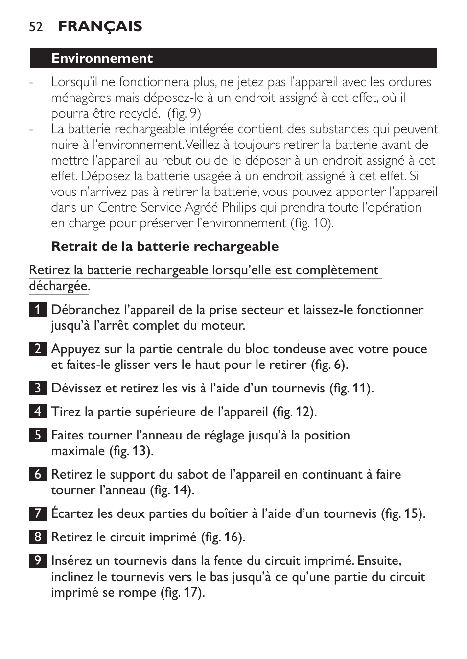 Retrait de la batterie rechargeable, Environnement | Philips HAIRCLIPPER Series 1000 Cortapelos User Manual | Page 52 / 94