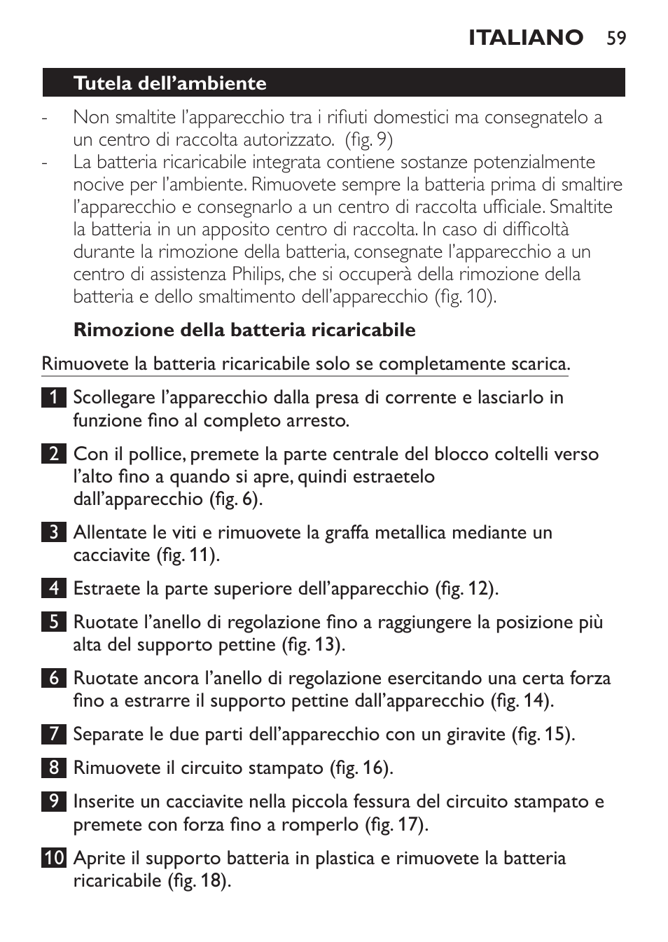 Rimozione della batteria ricaricabile, Tutela dell’ambiente | Philips HAIRCLIPPER Series 1000 Cortapelos User Manual | Page 59 / 94