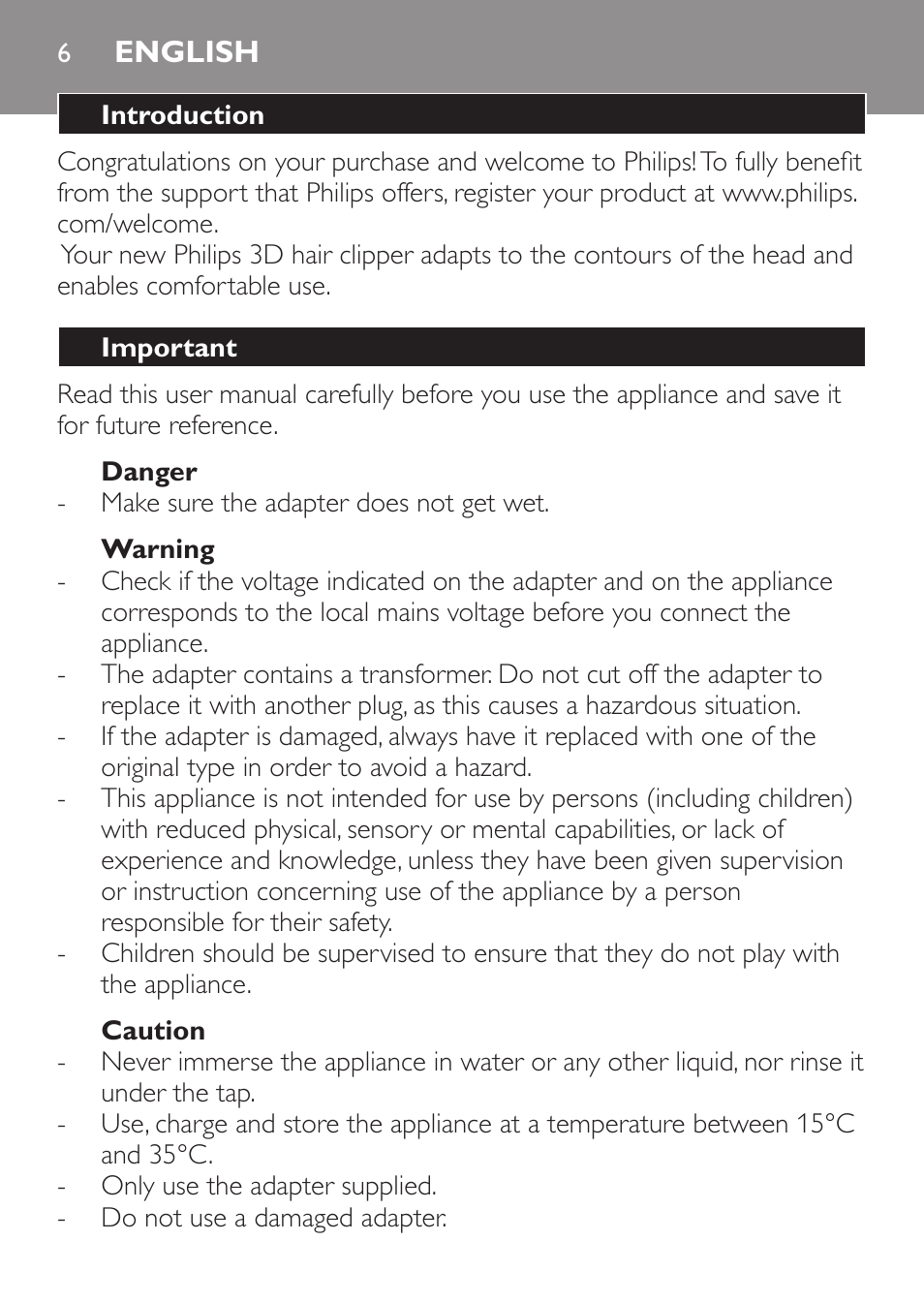 English, Introduction, Important | Danger, Warning, Caution | Philips HAIRCLIPPER Series 1000 Cortapelos User Manual | Page 6 / 94