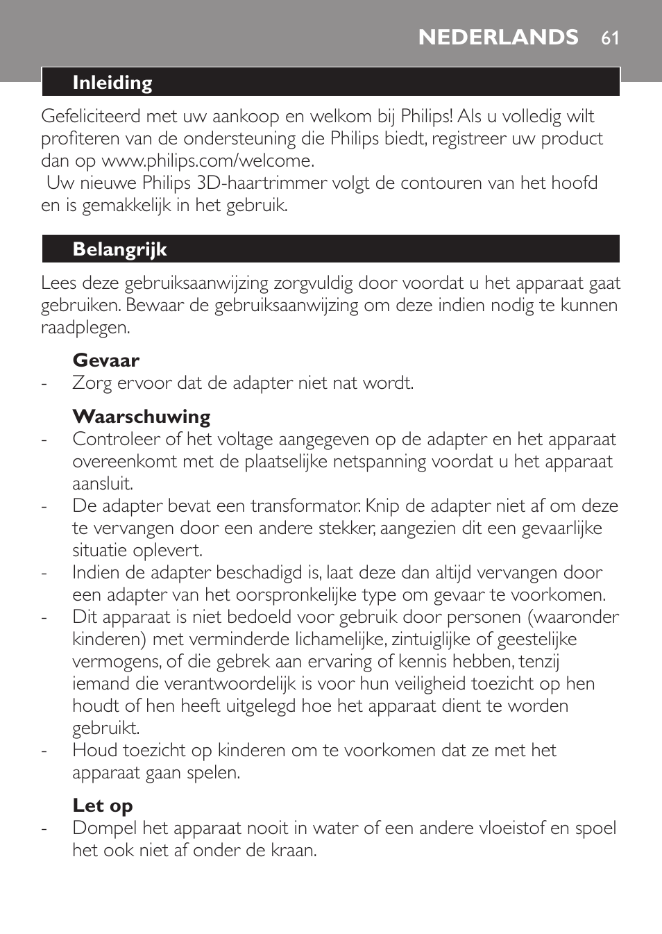 Gevaar, Waarschuwing, Let op | Nederlands, Inleiding, Belangrijk | Philips HAIRCLIPPER Series 1000 Cortapelos User Manual | Page 61 / 94