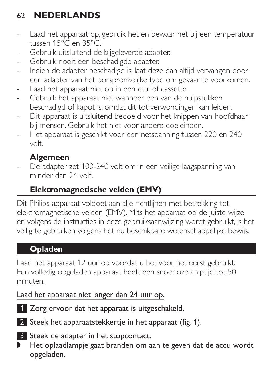 Algemeen, Elektromagnetische velden (emv), Opladen | Philips HAIRCLIPPER Series 1000 Cortapelos User Manual | Page 62 / 94