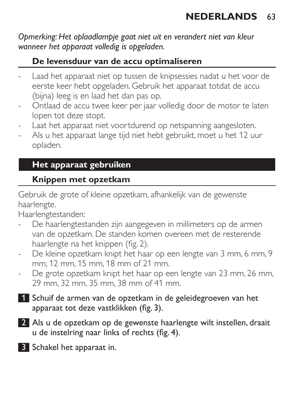 De levensduur van de accu optimaliseren, Het apparaat gebruiken, Knippen met opzetkam | Philips HAIRCLIPPER Series 1000 Cortapelos User Manual | Page 63 / 94