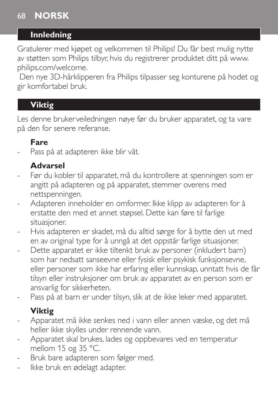 Fare, Advarsel, Viktig | Norsk, Innledning | Philips HAIRCLIPPER Series 1000 Cortapelos User Manual | Page 68 / 94