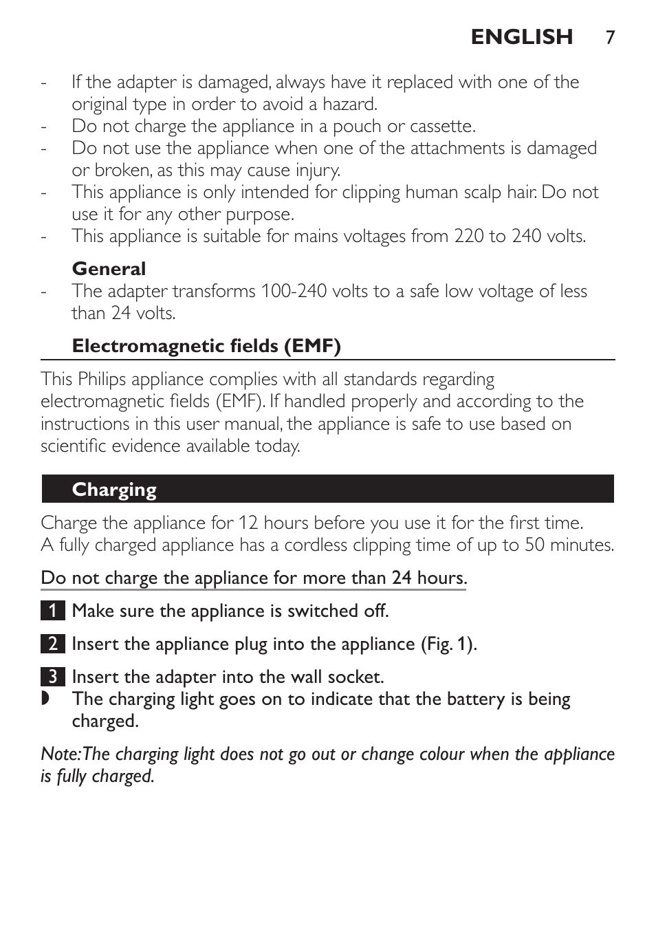 General, Electromagnetic fields (emf), Charging | Philips HAIRCLIPPER Series 1000 Cortapelos User Manual | Page 7 / 94