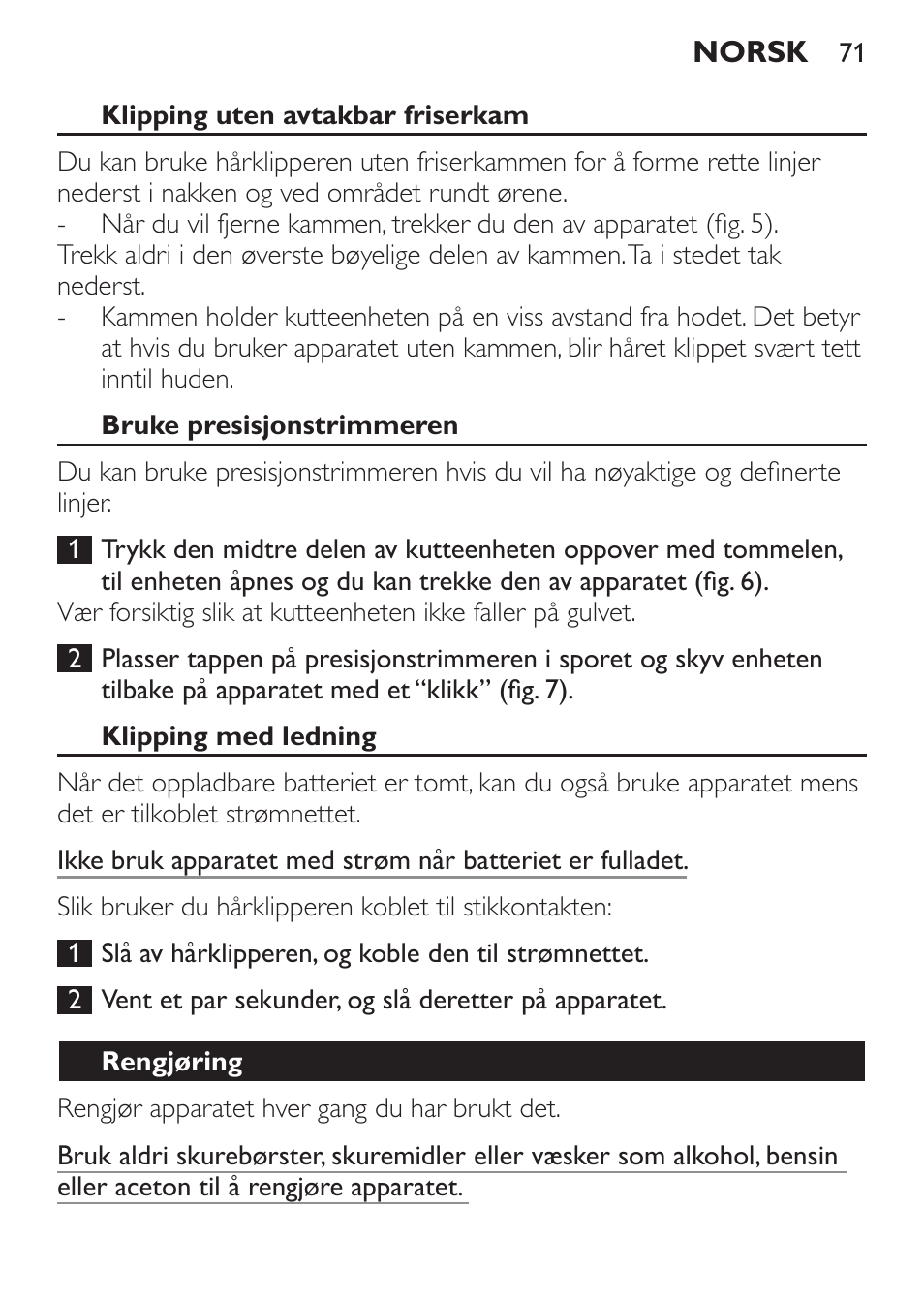 Klipping uten avtakbar friserkam, Bruke presisjonstrimmeren, Klipping med ledning | Rengjøring | Philips HAIRCLIPPER Series 1000 Cortapelos User Manual | Page 71 / 94