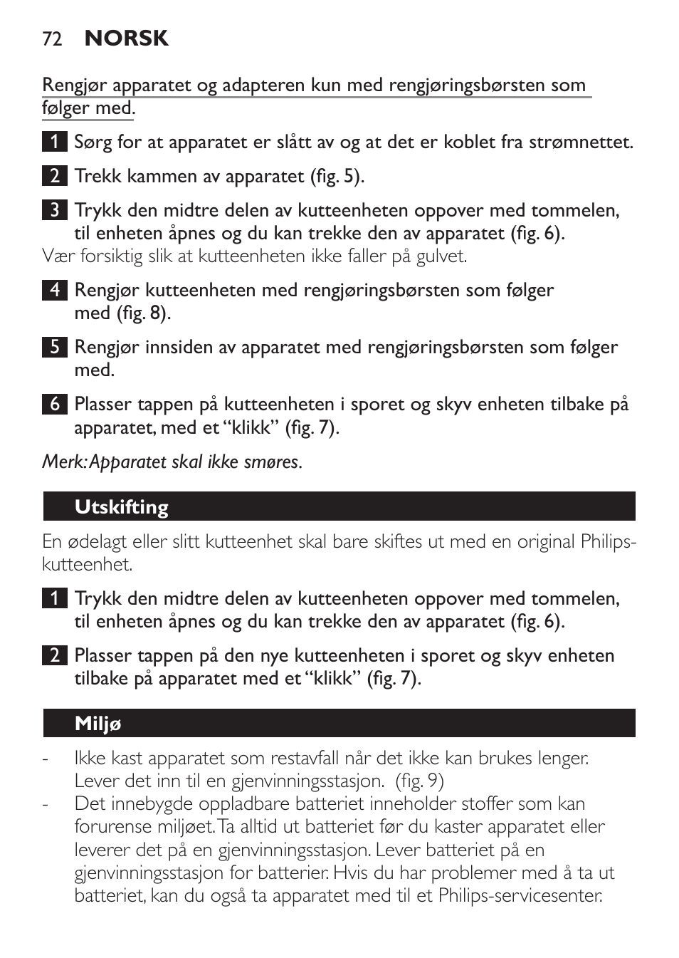 Utskifting, Miljø | Philips HAIRCLIPPER Series 1000 Cortapelos User Manual | Page 72 / 94