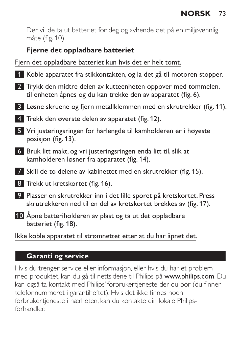 Fjerne det oppladbare batteriet, Garanti og service | Philips HAIRCLIPPER Series 1000 Cortapelos User Manual | Page 73 / 94