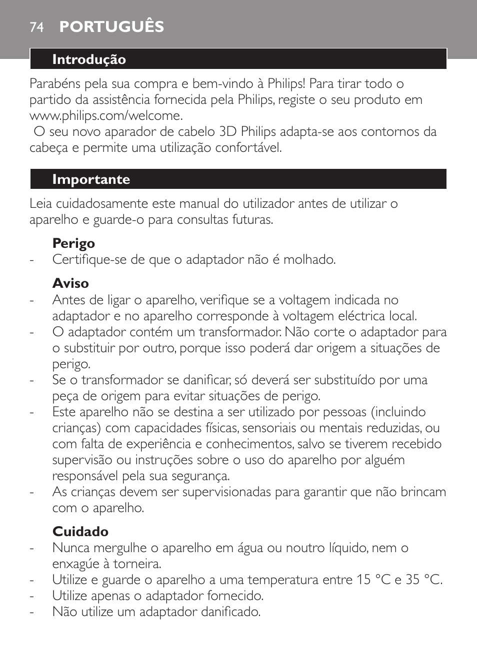 Perigo, Aviso, Cuidado | Português, Introdução, Importante | Philips HAIRCLIPPER Series 1000 Cortapelos User Manual | Page 74 / 94