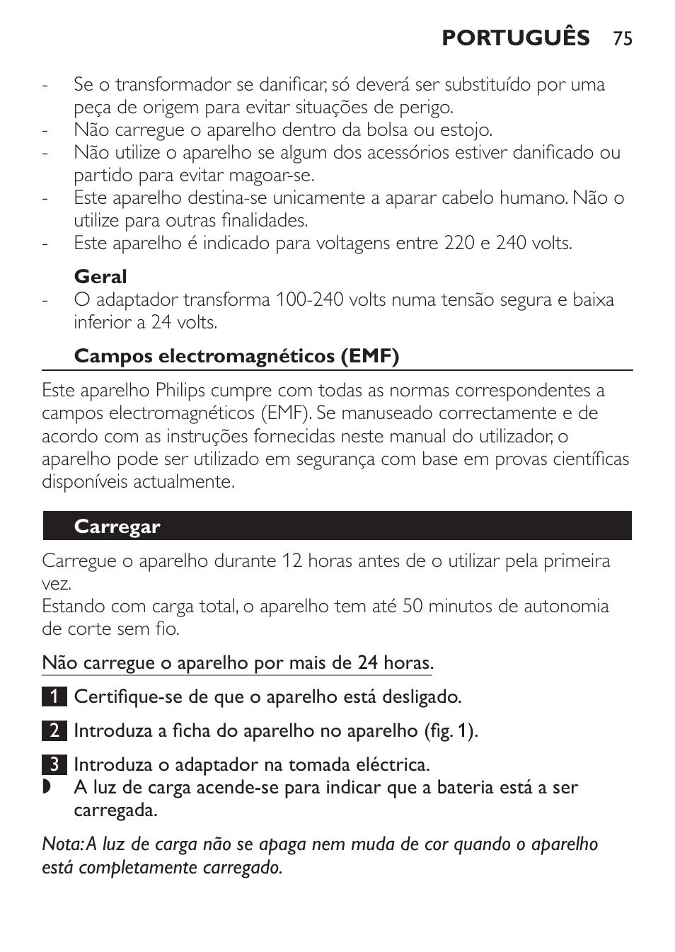 Geral, Campos electromagnéticos (emf), Carregar | Philips HAIRCLIPPER Series 1000 Cortapelos User Manual | Page 75 / 94