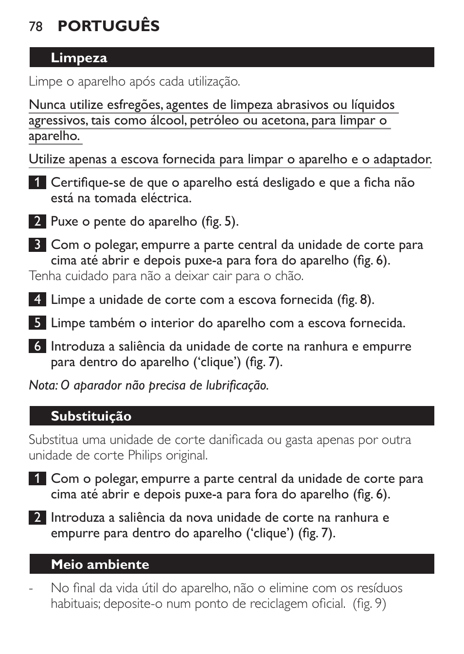 Limpeza, Substituição, Meio ambiente | Philips HAIRCLIPPER Series 1000 Cortapelos User Manual | Page 78 / 94