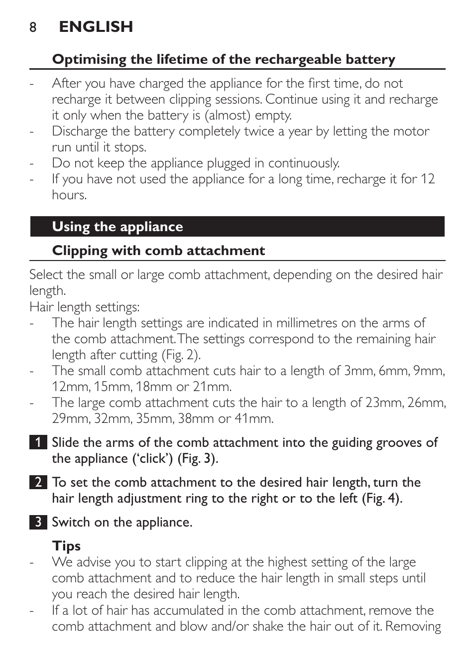 Using the appliance, Clipping with comb attachment, Tips | Philips HAIRCLIPPER Series 1000 Cortapelos User Manual | Page 8 / 94