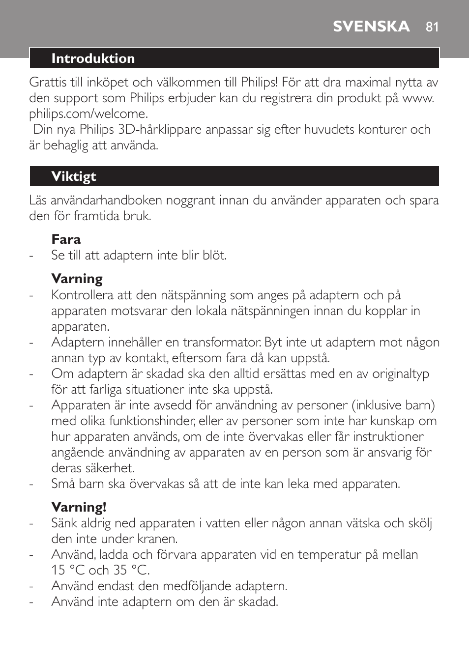 Fara, Varning, Svenska | Introduktion, Viktigt | Philips HAIRCLIPPER Series 1000 Cortapelos User Manual | Page 81 / 94