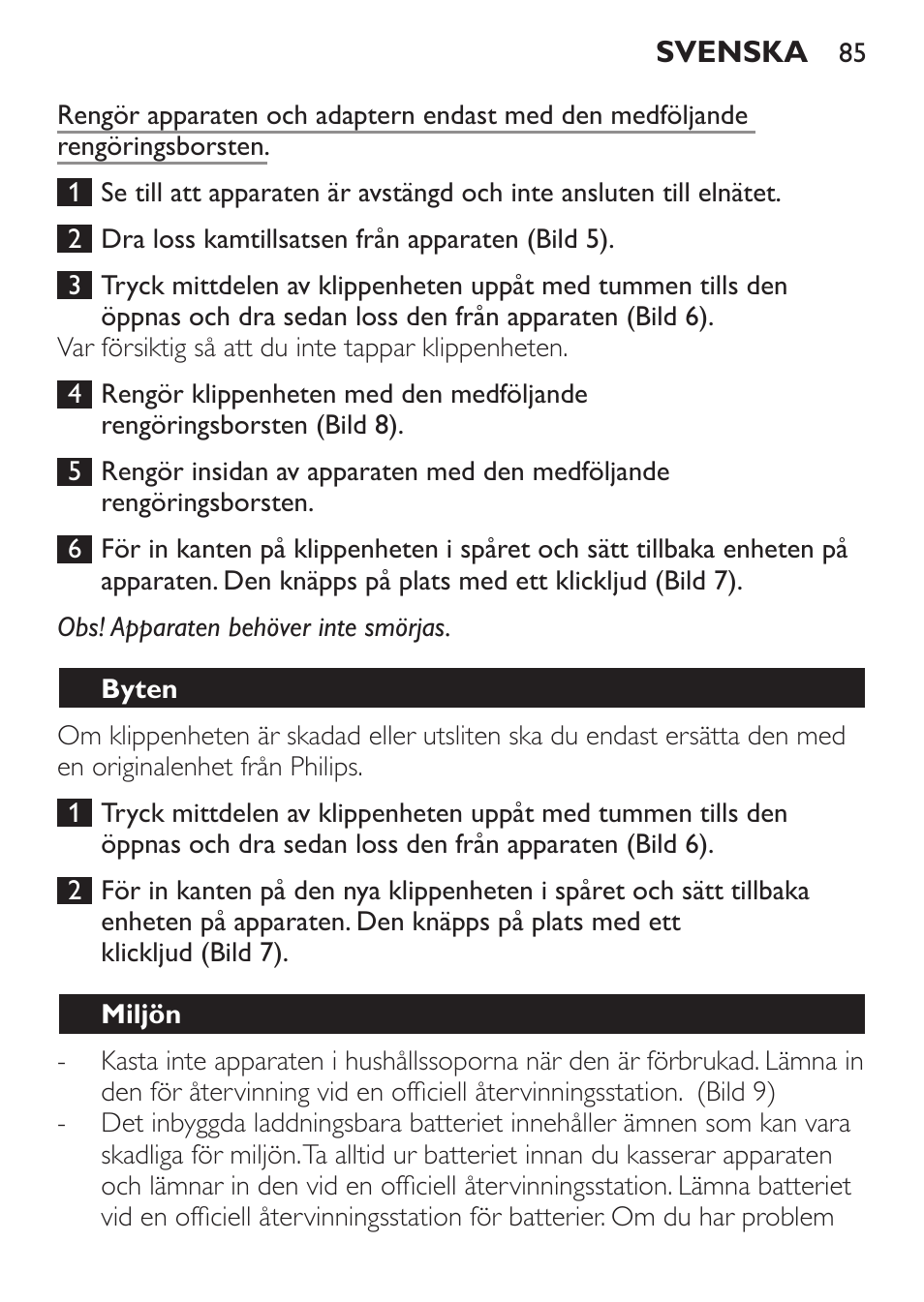 Byten, Miljön | Philips HAIRCLIPPER Series 1000 Cortapelos User Manual | Page 85 / 94