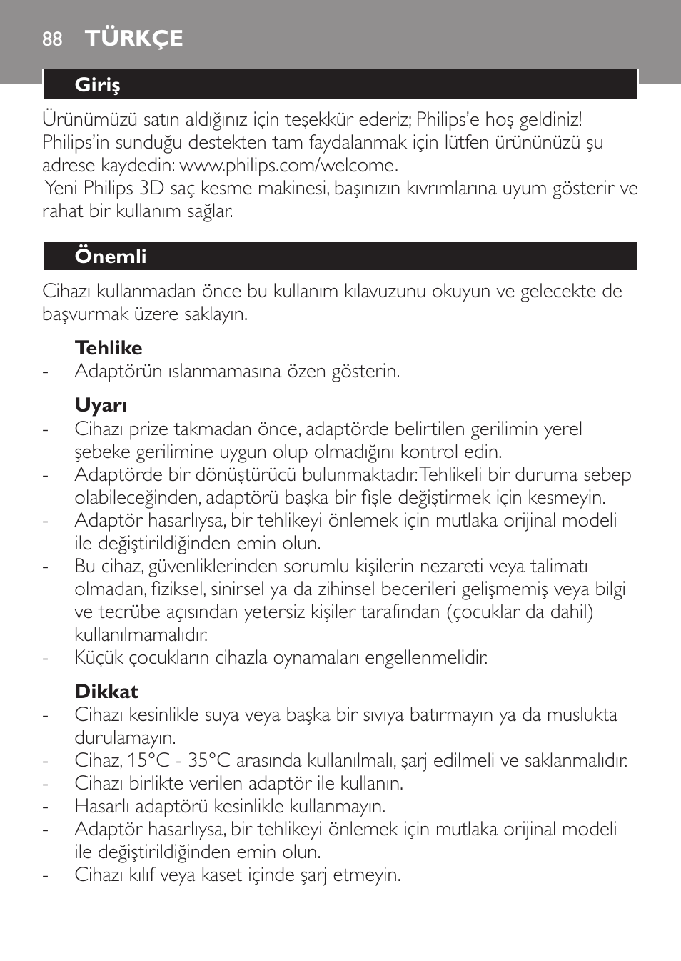 Tehlike, Uyarı, Dikkat | Türkçe, Giriş, Önemli | Philips HAIRCLIPPER Series 1000 Cortapelos User Manual | Page 88 / 94