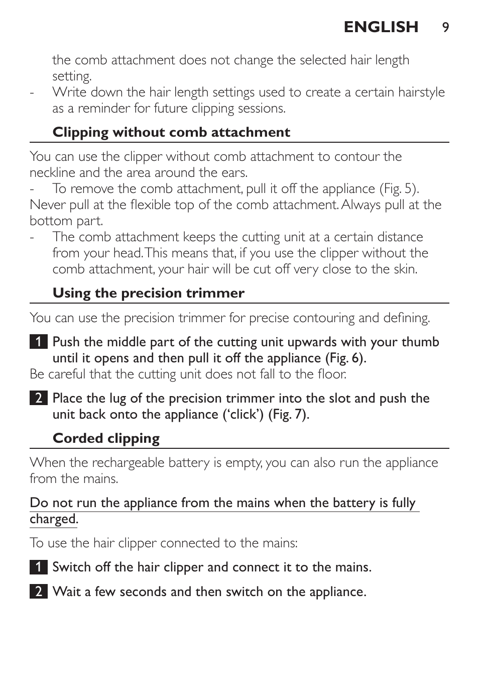 Clipping without comb attachment, Using the precision trimmer, Corded clipping | Philips HAIRCLIPPER Series 1000 Cortapelos User Manual | Page 9 / 94