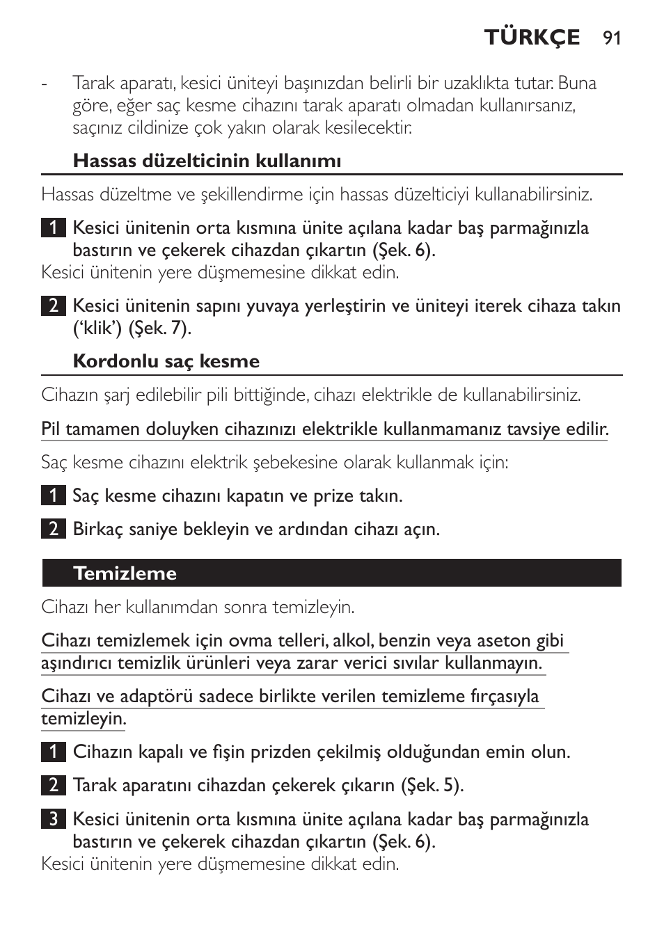 Hassas düzelticinin kullanımı, Kordonlu saç kesme, Temizleme | Philips HAIRCLIPPER Series 1000 Cortapelos User Manual | Page 91 / 94