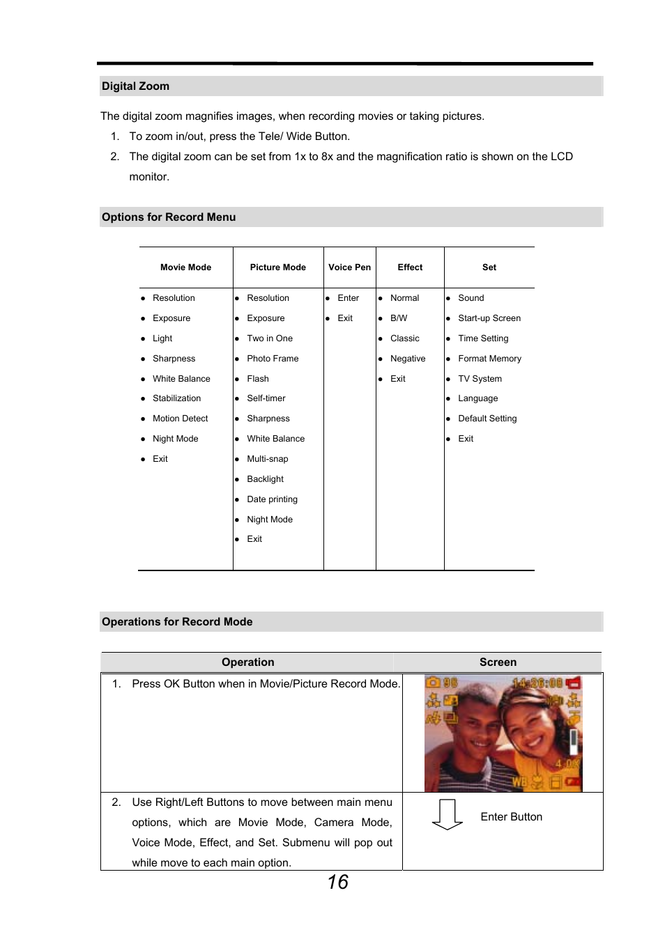 Digital zoom, Options for record menu, Operations for record mode | AGFA DV-5000G User Manual | Page 17 / 74