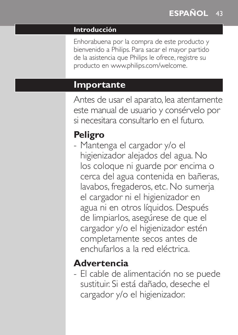 Español | Philips Sonicare HealthyWhite Cepillo dental sónico recargable User Manual | Page 43 / 144