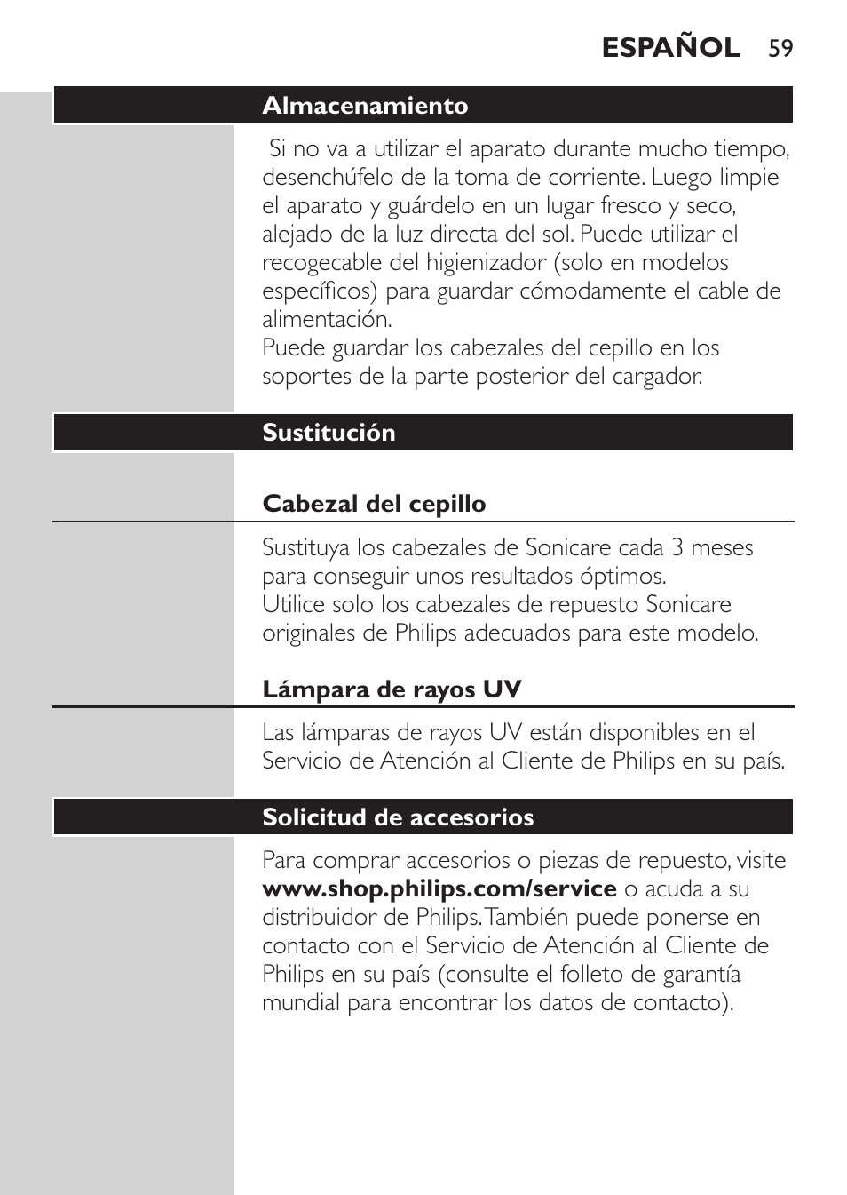 Philips Sonicare HealthyWhite Cepillo dental sónico recargable User Manual | Page 59 / 144