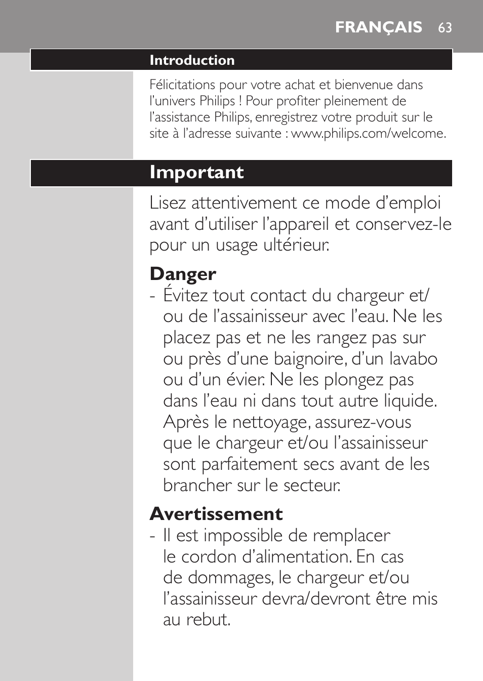 Français | Philips Sonicare HealthyWhite Cepillo dental sónico recargable User Manual | Page 63 / 144