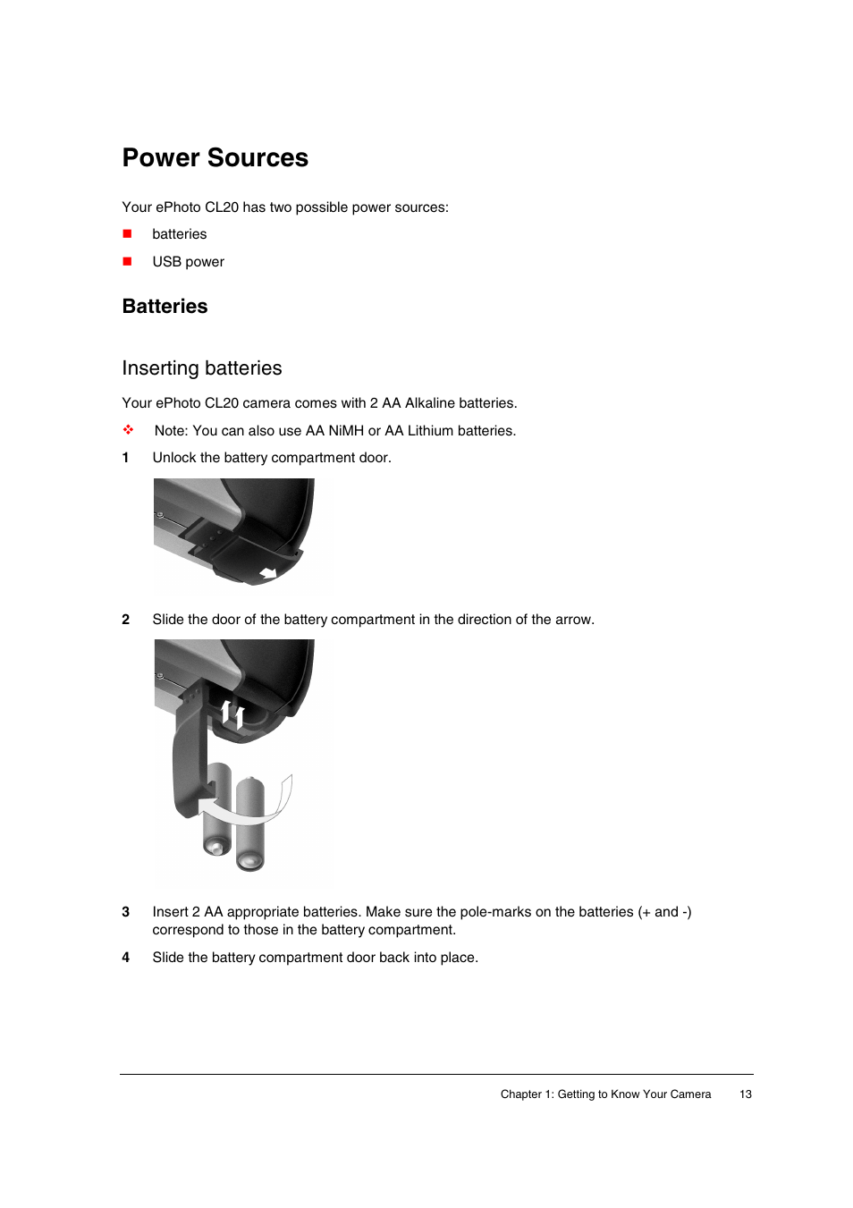 Power sources, Batteries, Inserting batteries | Batteries inserting batteries | AGFA ePhoto CL20 User Manual | Page 13 / 34