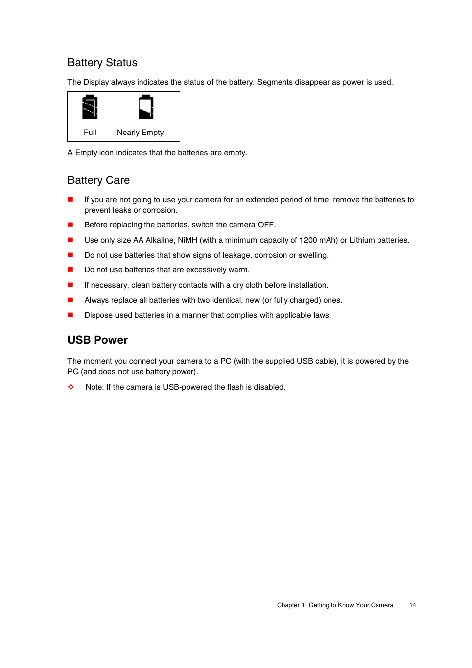 Battery status, Battery care, Usb power | AGFA ePhoto CL20 User Manual | Page 14 / 34