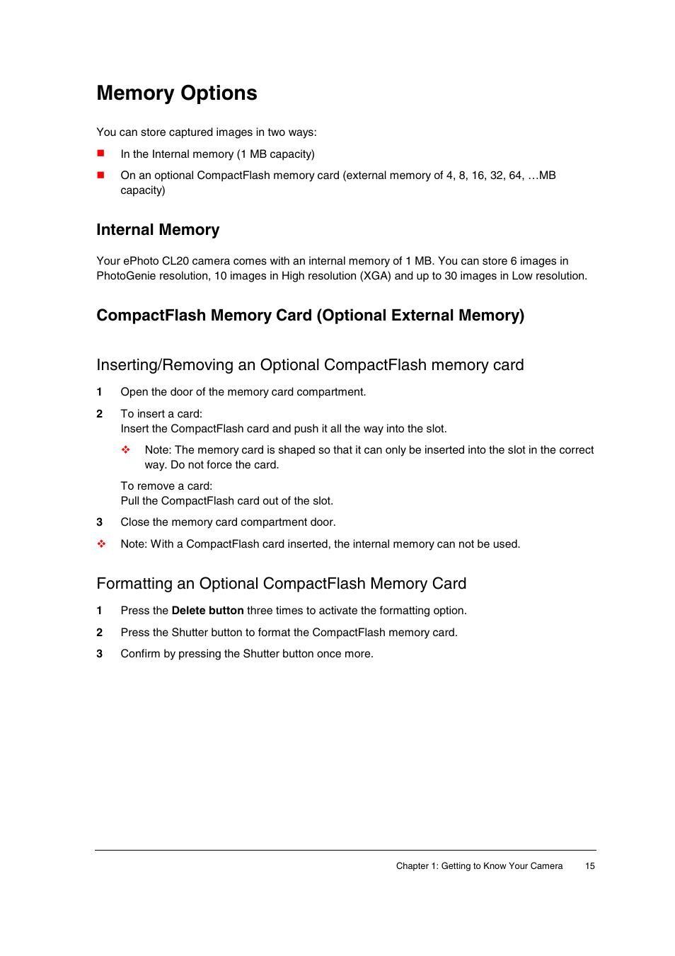Memory options, Internal memory, Formatting an optional compactflash memory card | AGFA ePhoto CL20 User Manual | Page 15 / 34