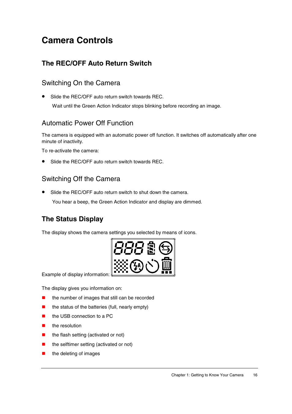 Camera controls, The rec/off auto return switch, Switching on the camera | Automatic power off function, Switching off the camera, The status display | AGFA ePhoto CL20 User Manual | Page 16 / 34