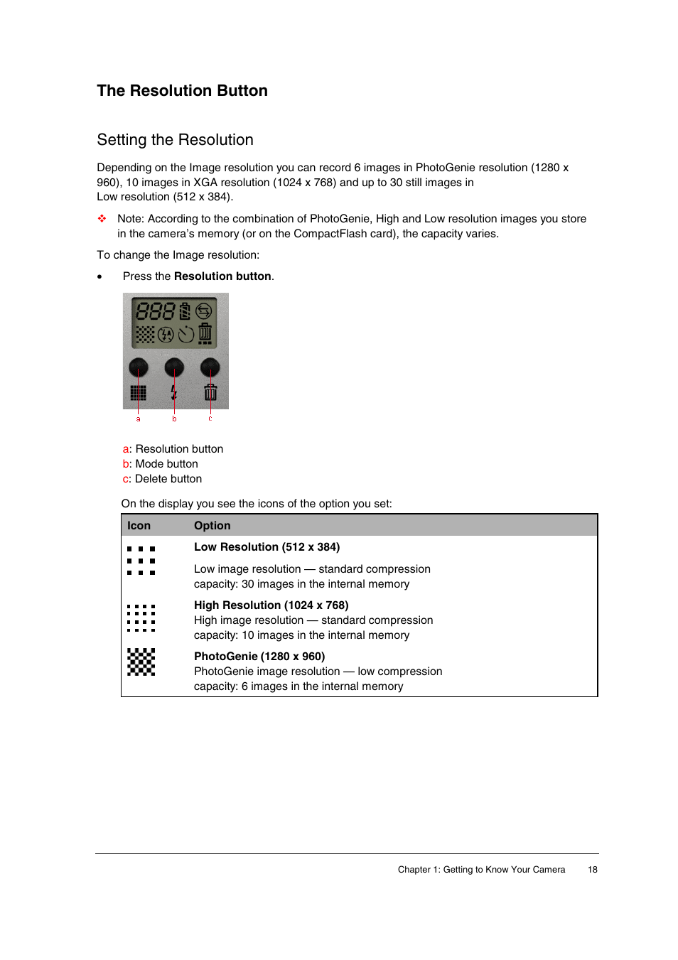 The resolution button, Setting the resolution, The resolution button setting the resolution | AGFA ePhoto CL20 User Manual | Page 18 / 34