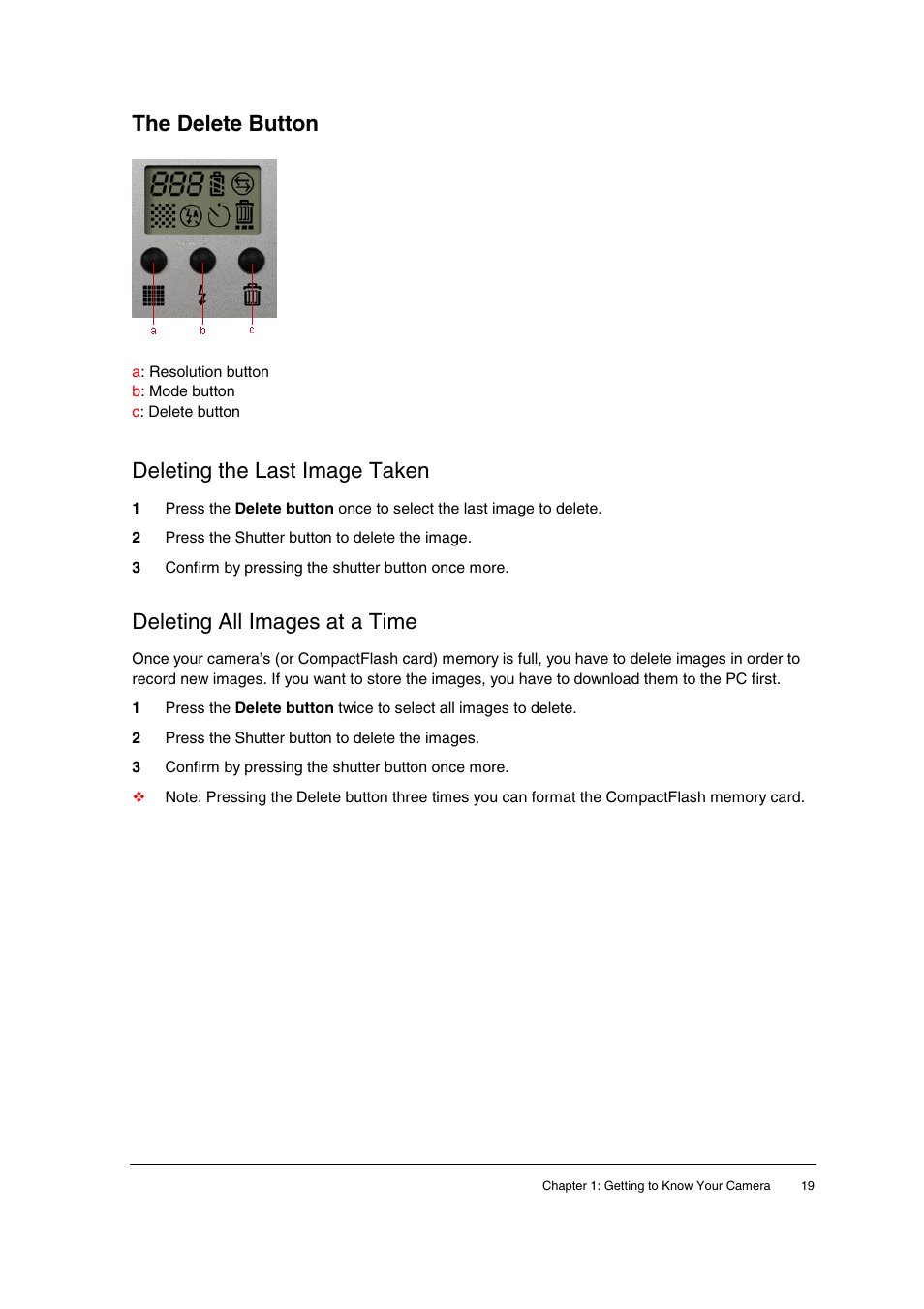 The delete button, Deleting the last image taken, Deleting all images at a time | Deleting still images (p.19) | AGFA ePhoto CL20 User Manual | Page 19 / 34