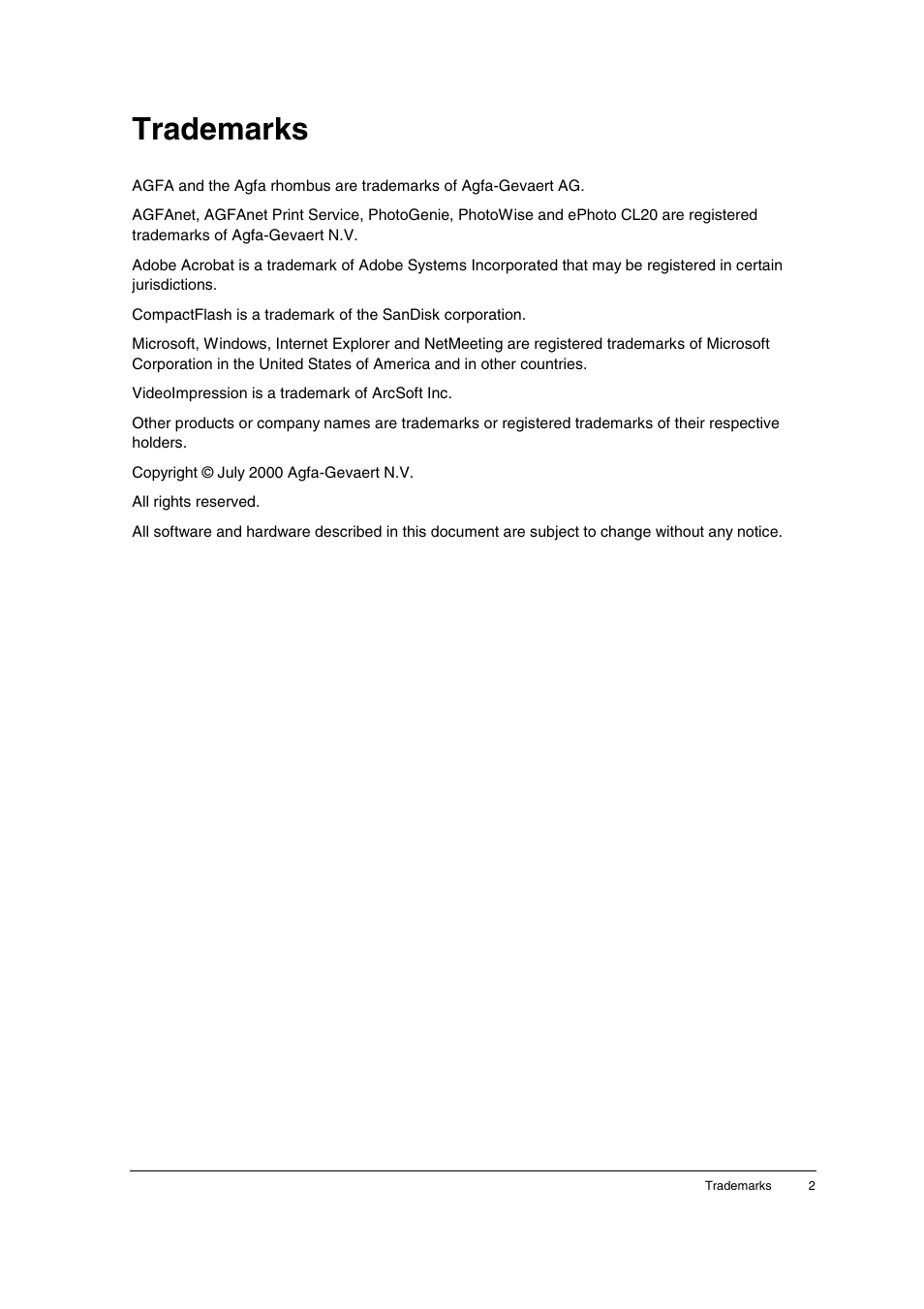 Trademarks | AGFA ePhoto CL20 User Manual | Page 2 / 34