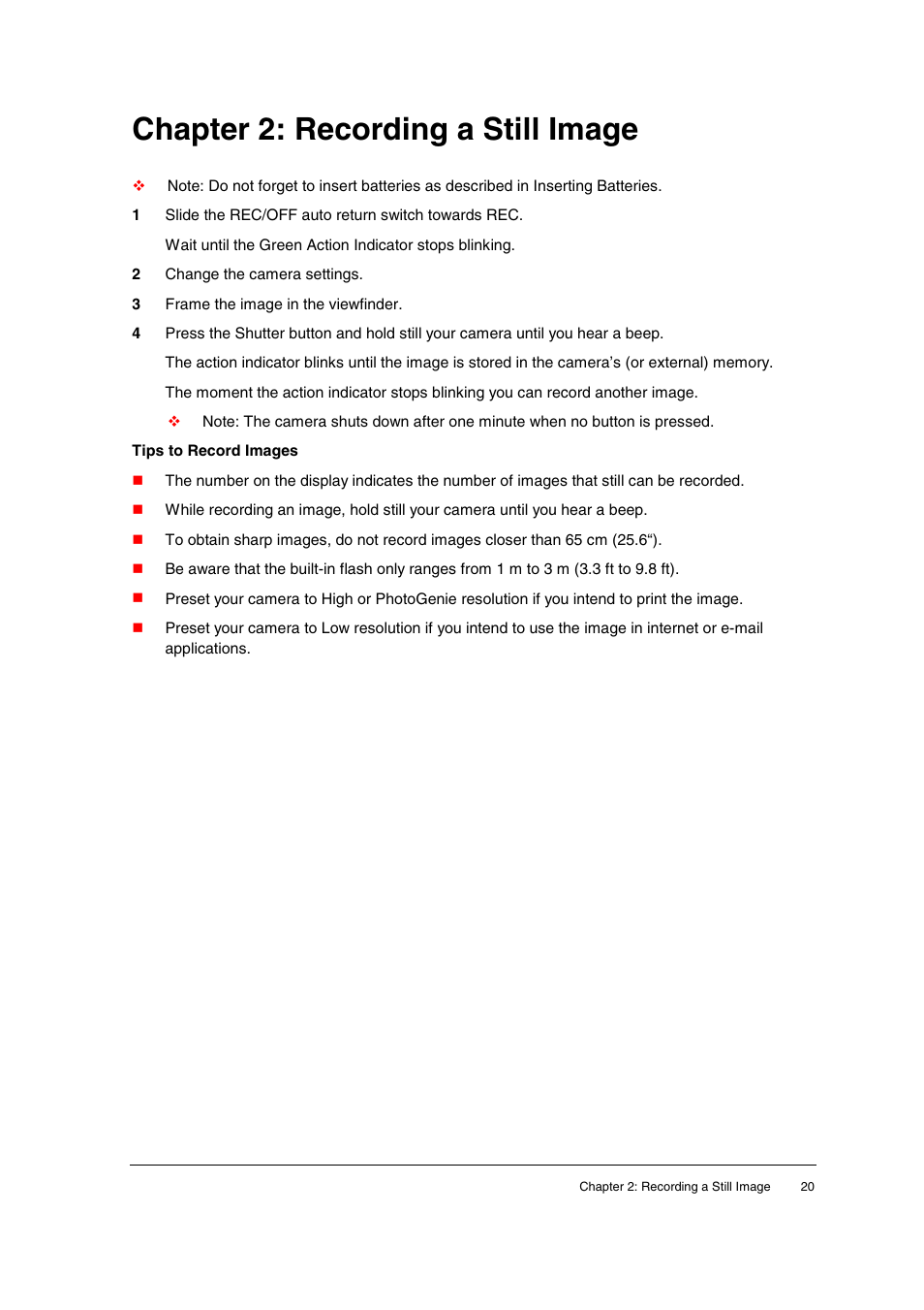 Chapter 2: recording a still image, Recording still images (p.20) | AGFA ePhoto CL20 User Manual | Page 20 / 34