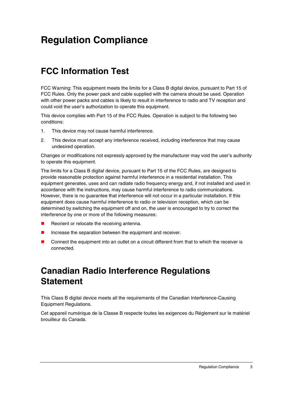 Regulation compliance, Fcc information test, Canadian radio interference regulations statement | AGFA ePhoto CL20 User Manual | Page 3 / 34