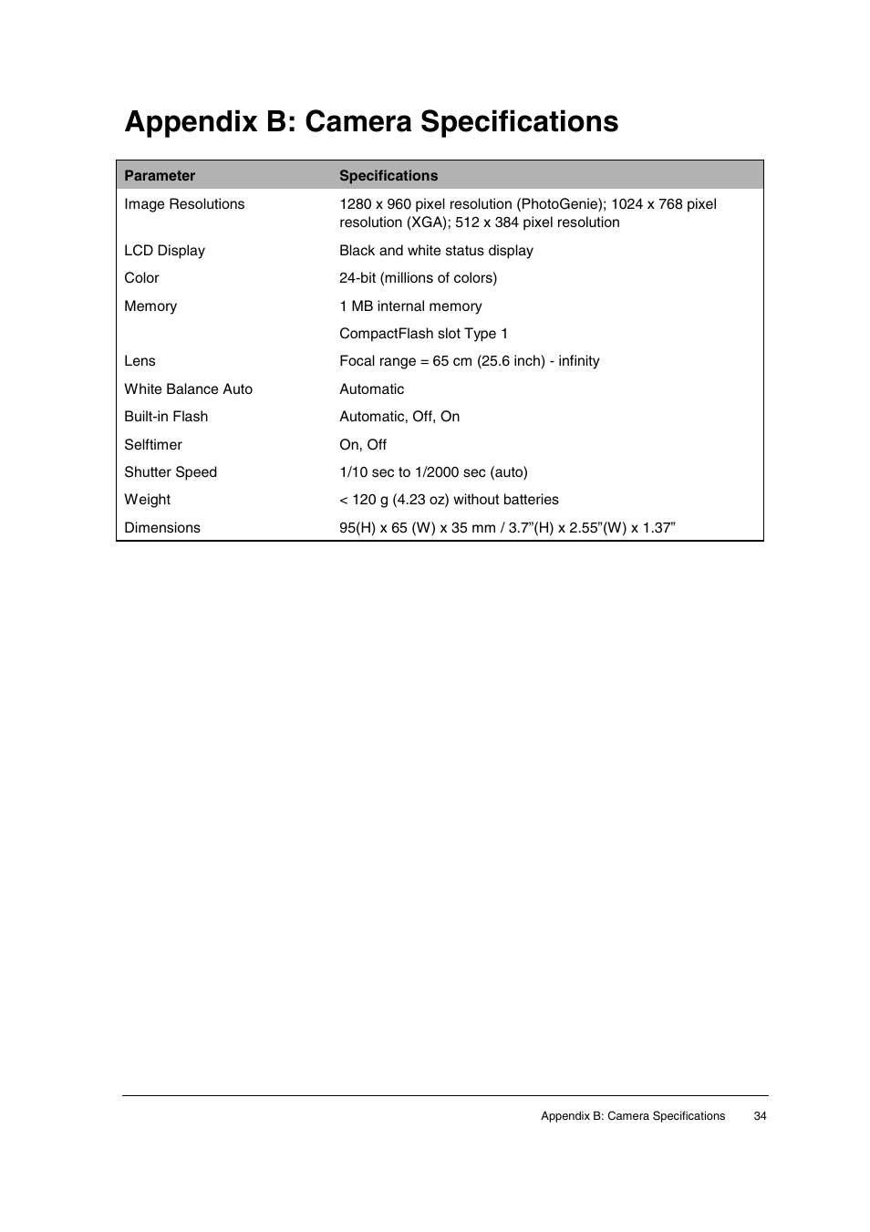 Appendix b: camera specifications | AGFA ePhoto CL20 User Manual | Page 34 / 34
