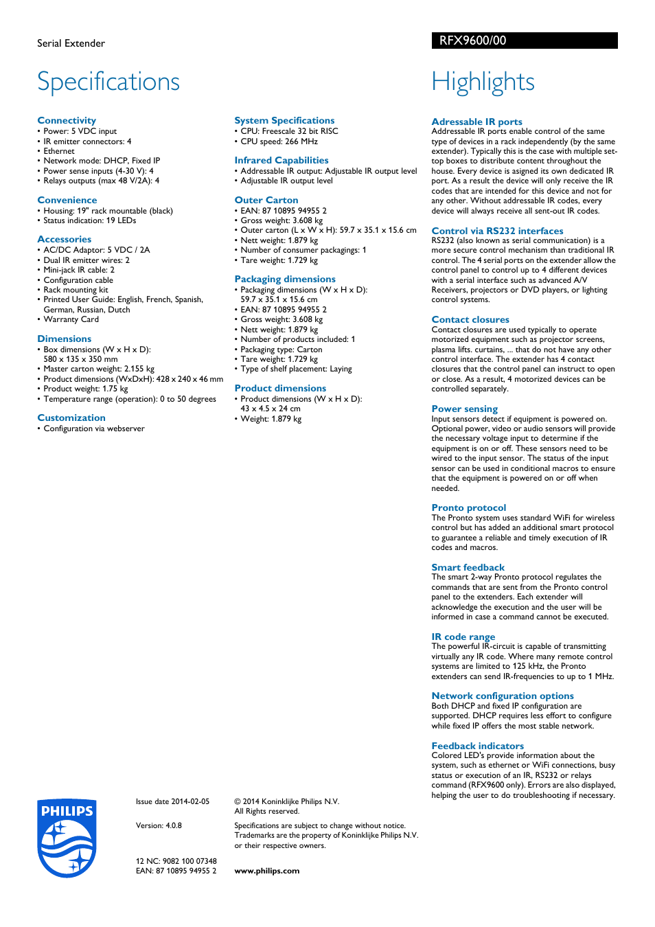 Specifications, Highlights | Philips Pronto Extensor en serie User Manual | Page 2 / 2