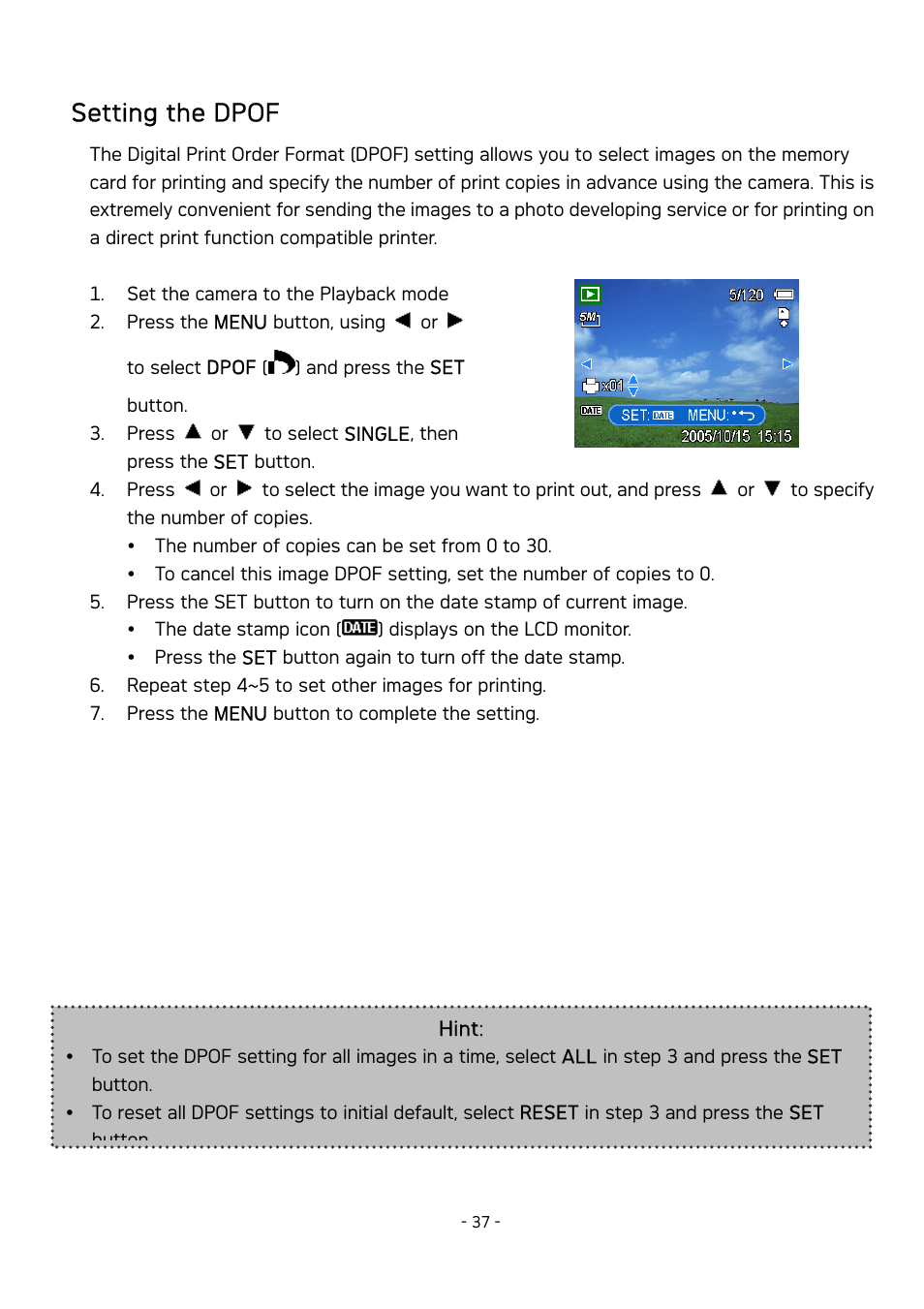 Setting the dpof | AGFA DC-830 User Manual | Page 38 / 52