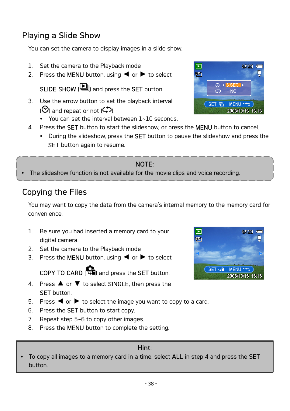 Playing a slide show, Copying the files | AGFA DC-830 User Manual | Page 39 / 52