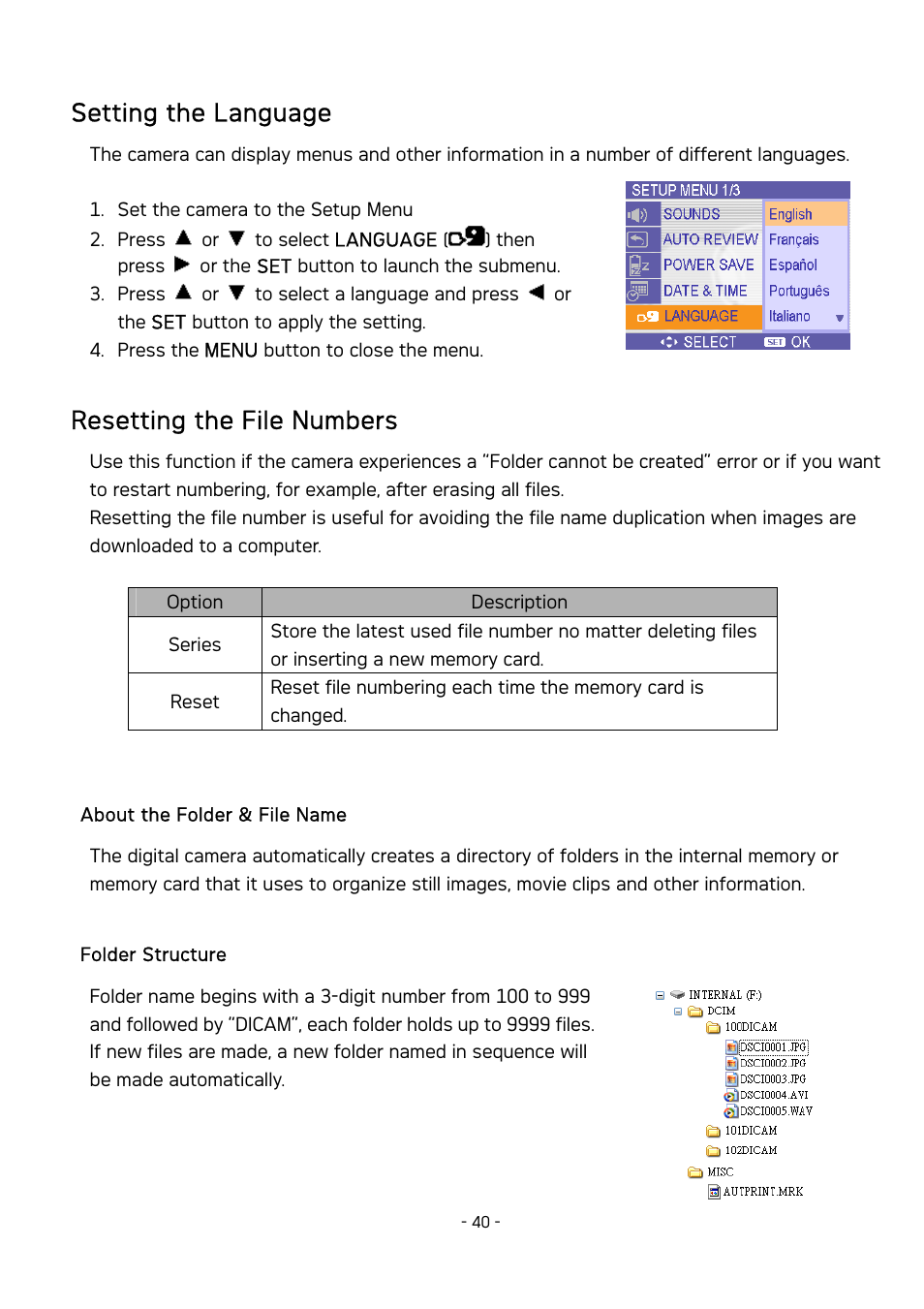 Setting the language, Resetting the file numbers | AGFA DC-830 User Manual | Page 41 / 52