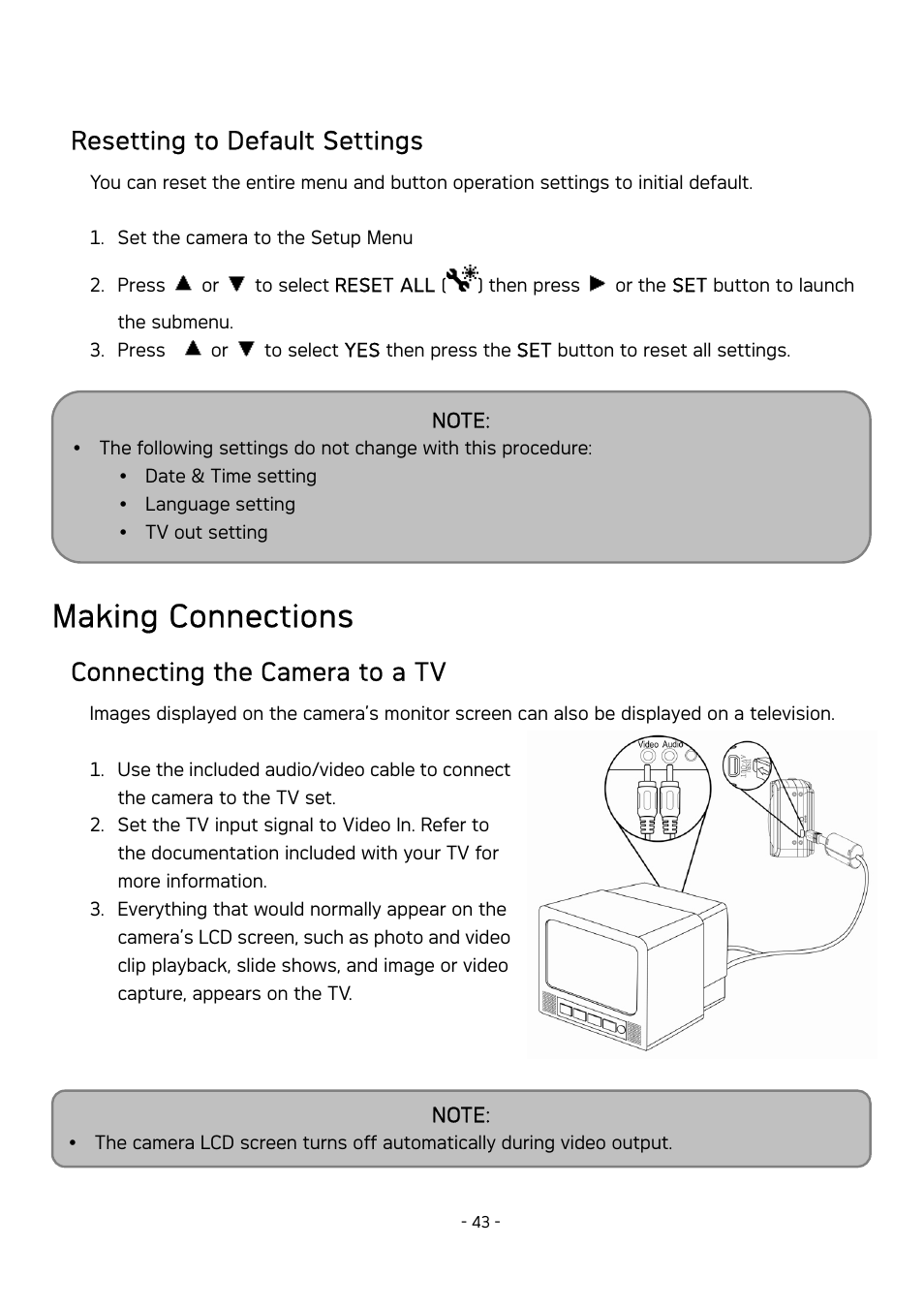 Making connections, Resetting to default settings, Connecting the camera to a tv | AGFA DC-830 User Manual | Page 44 / 52