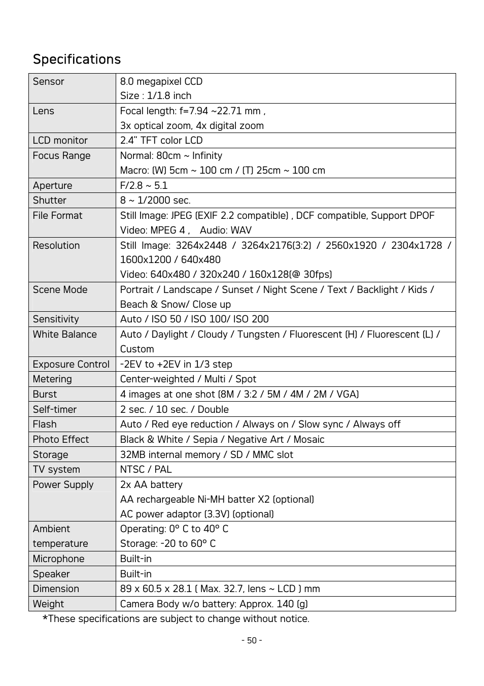 Specifications | AGFA DC-830 User Manual | Page 51 / 52