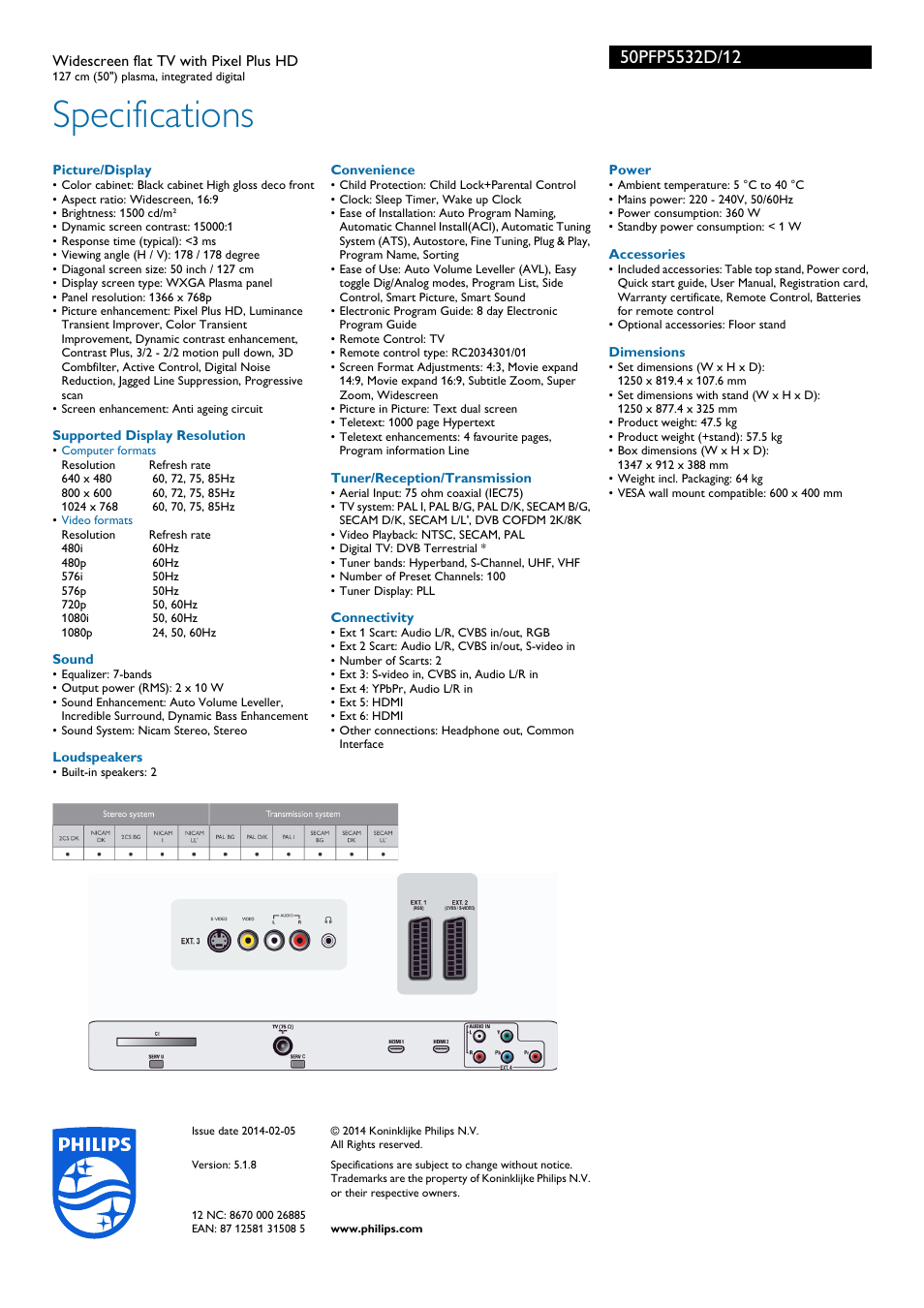 Specifications | Philips Flat TV panorámico User Manual | Page 3 / 3