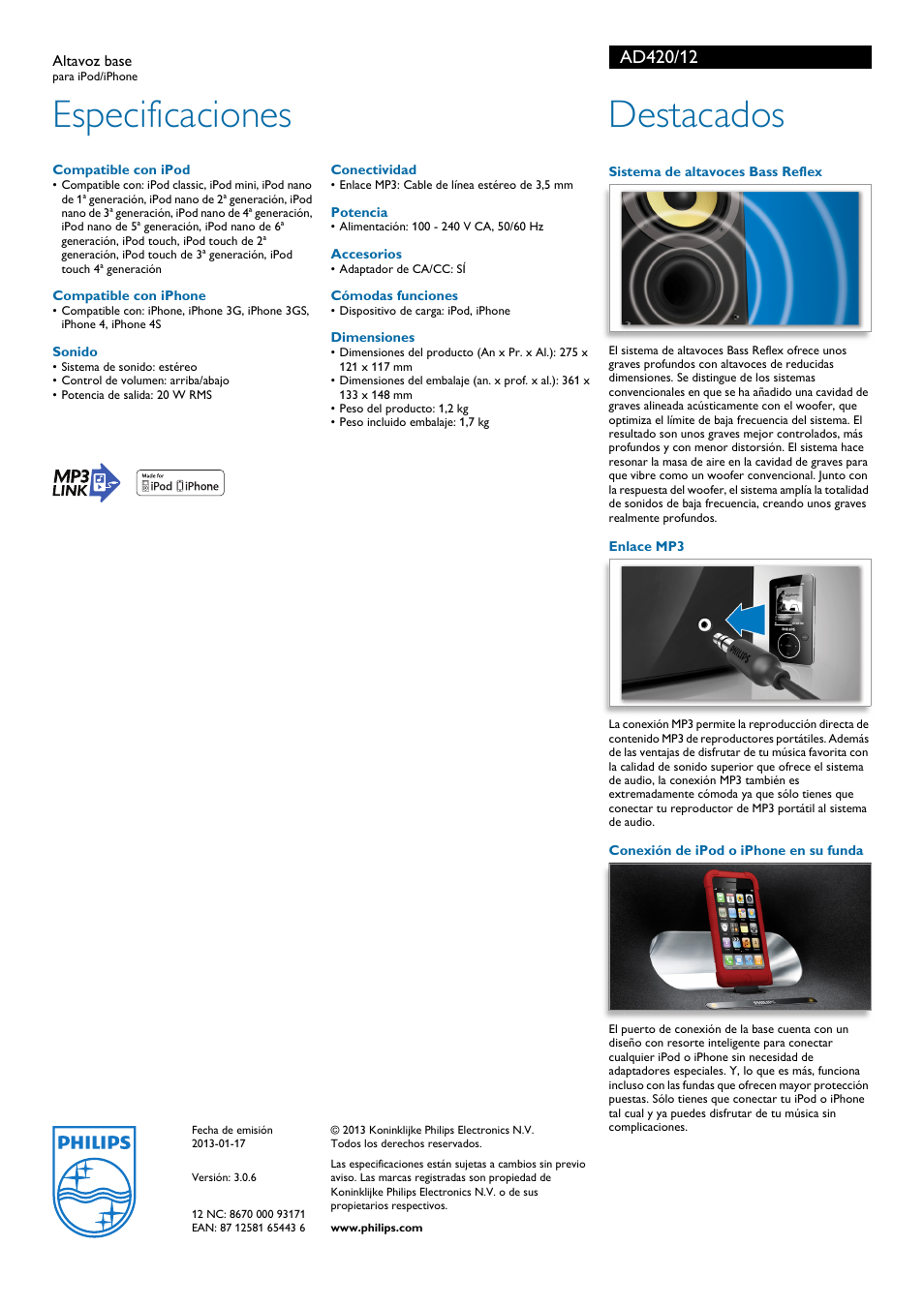 Especificaciones, Destacados | Philips altavoz base User Manual | Page 2 / 2