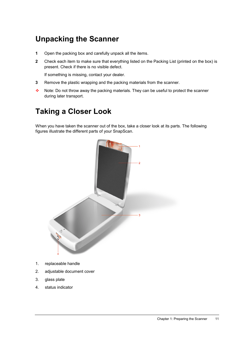 Unpacking the scanner, Taking a closer look | AGFA E20 User Manual | Page 11 / 35