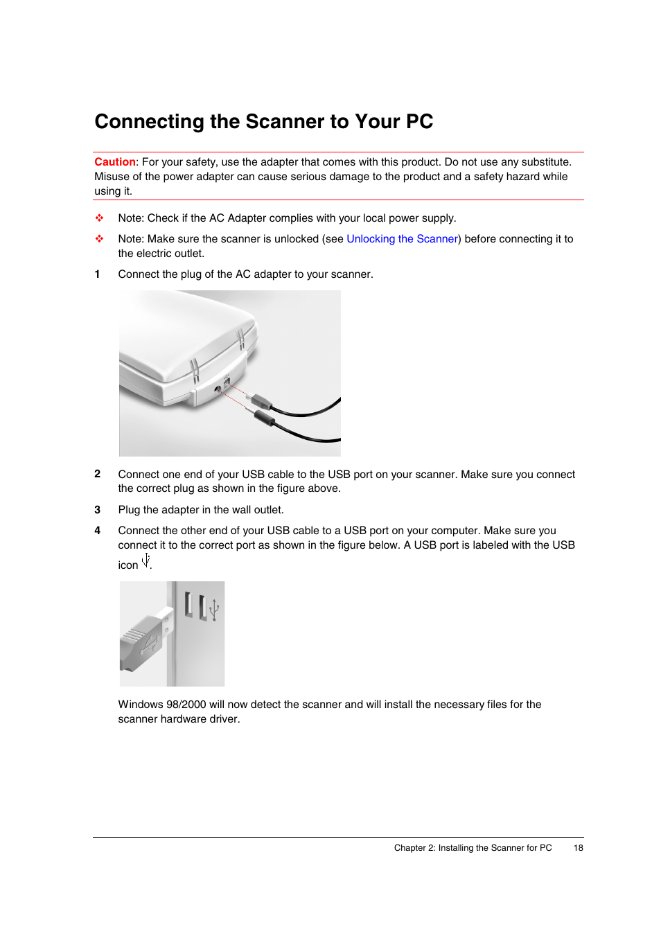 Connecting the scanner to your pc | AGFA E20 User Manual | Page 18 / 35